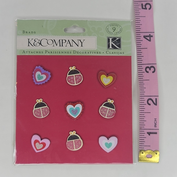 K&Company Brads Hearts and Ladybugs Brads 9 pcs Bugs Spring Summer Brads - Picture 5 of 8